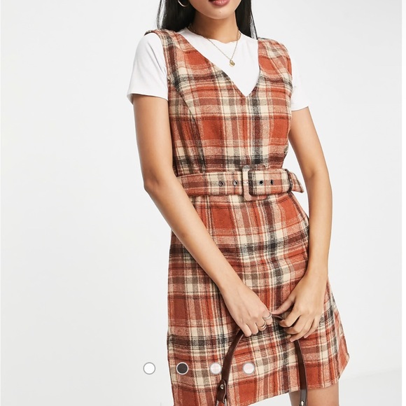 ASOS Vila Exclusive mini pinafore dress with belt in orange check - Picture 1 of 3